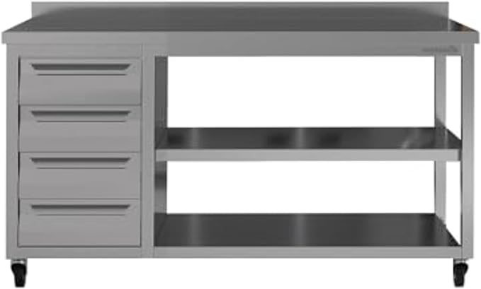 Stainless Steel Prep Table with Drawers and Wheels - Commercial Kitchen Work Table with Backsplash and Under Shelf - Heavy Duty Commercial Work Station for Restaurant, Hotel (63x23x33 inches)