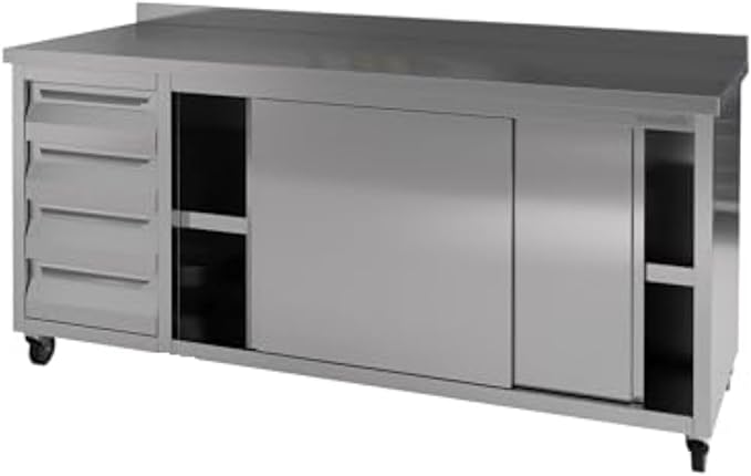 Stainless Steel Prep Table with Drawers, Sliding Doors and Wheels (75x23x33 inches)