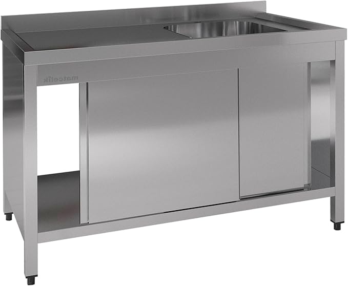 Stainless Steel Prep Table with Sink and Sliding Doors - Commercial Kitchen Work Table with Backsplash - Heavy Duty Commercial Work Station for Restaurant, Hotel (Right Sided Sink)