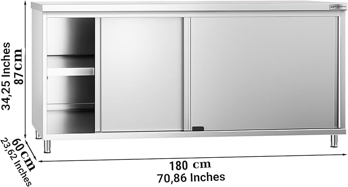 Stainless Steel Prep Table with Sliding Doors - Commercial Kitchen Work Table with Backsplash and Under Shelf (70.8x23.6x34.2 Inch)