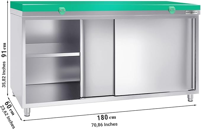 Stainless Steel Green Prep Table Sliding Doors - Polyethylene Table Top