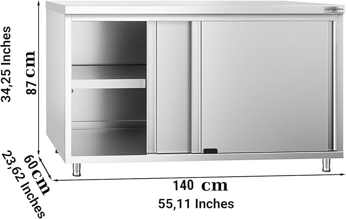 Stainless Steel Prep Table with Sliding Doors - Commercial Kitchen Work Table with Backsplash and Under Shelf (55.1x23.6x34.2 Inch)