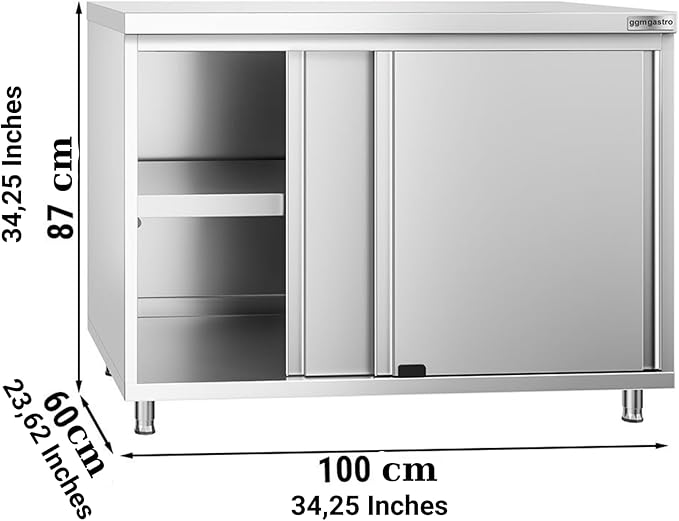 Stainless Steel Prep Table with Sliding Doors - Commercial Kitchen Work Table with Backsplash and Under Shelf (39.3x23.6x34.2 Inch)