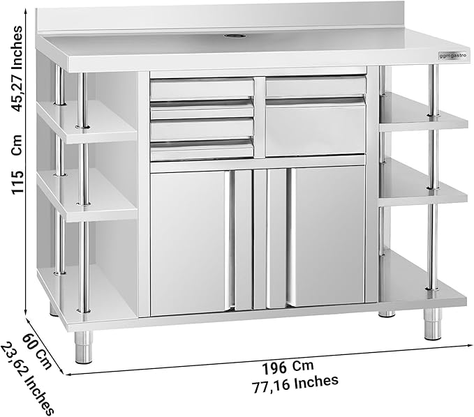 Commercial Stainless Steel Coffee Workbench with Drawers and Shelves | Kitchen Counter for Restaurant Hotels with Drawers with Telve Bucket (77.1x23.6x45.2 Inch)