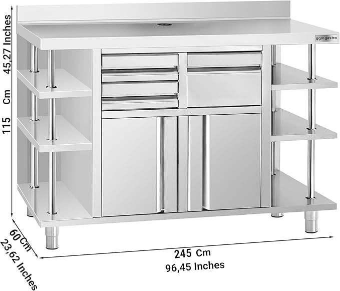 Commercial Stainless Steel Coffee Workbench with Drawers and Shelves | Kitchen Counter for Restaurant Hotels with Drawers with Telve Bucket (96.4x23.6x45.2 Inch)