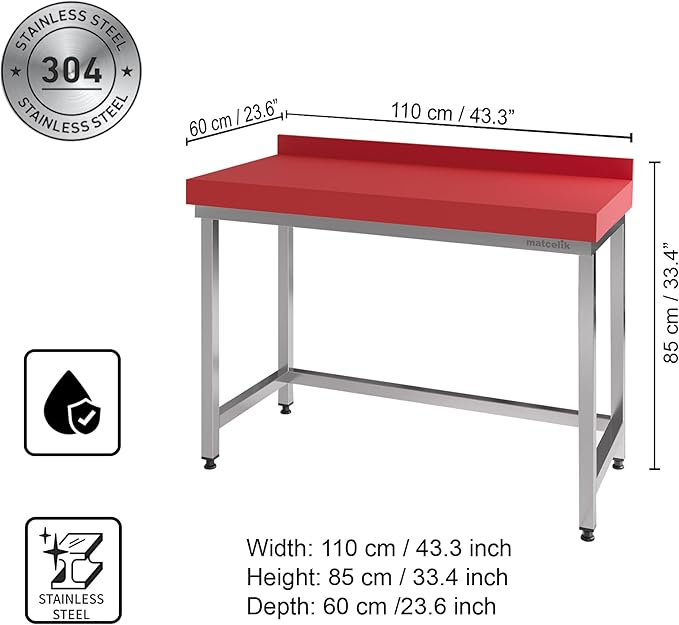 Stainless Steel Prep Table - Polyethylene Table Top - Commercial Kitchen Work Table with Backsplash - Heavy Duty Commercial Work Station for Restaurant, Hotel (43.3x23.6x33.4 inches)