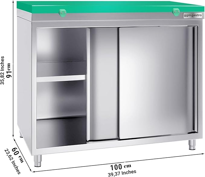 Stainless Steel Green Prep Table Sliding Doors - Polyethylene Table Top (39.3x23.6x35.8 Inch)