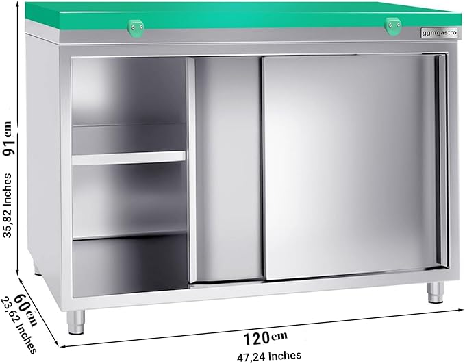 Stainless Steel Green Prep Table Sliding Doors - Polyethylene Table Top (47.2x23.6x35.8 Inch)