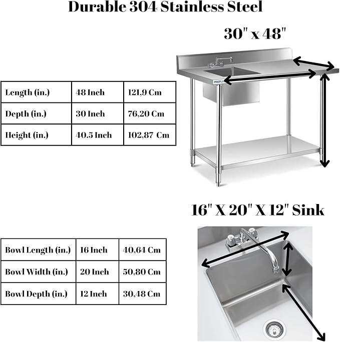 Stainless Steel Prep Sink With Countertop - Wash Table for Restaurant Outdoor (30x48x36 Inch)