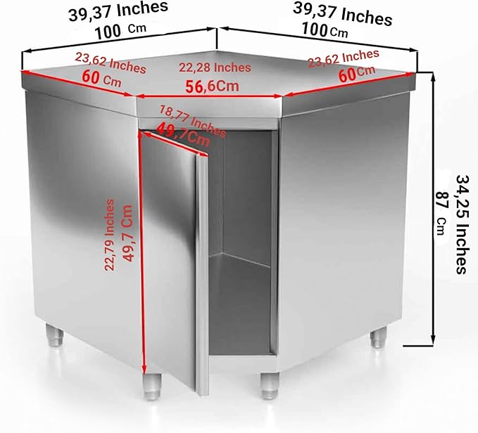 Stainless Steel Corner Prep Table with Doors - Commercial Kitchen Work Table with Backsplash and Under Shelf - Heavy Duty Commercial Work Station for Restaurant, Hotel (39.3x23.6 Inch without Backed)