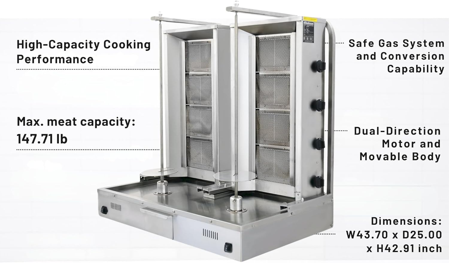 Double Bottom Doner Kebab Machine Shawarma 4+4 Burner Burner Gas Vertical