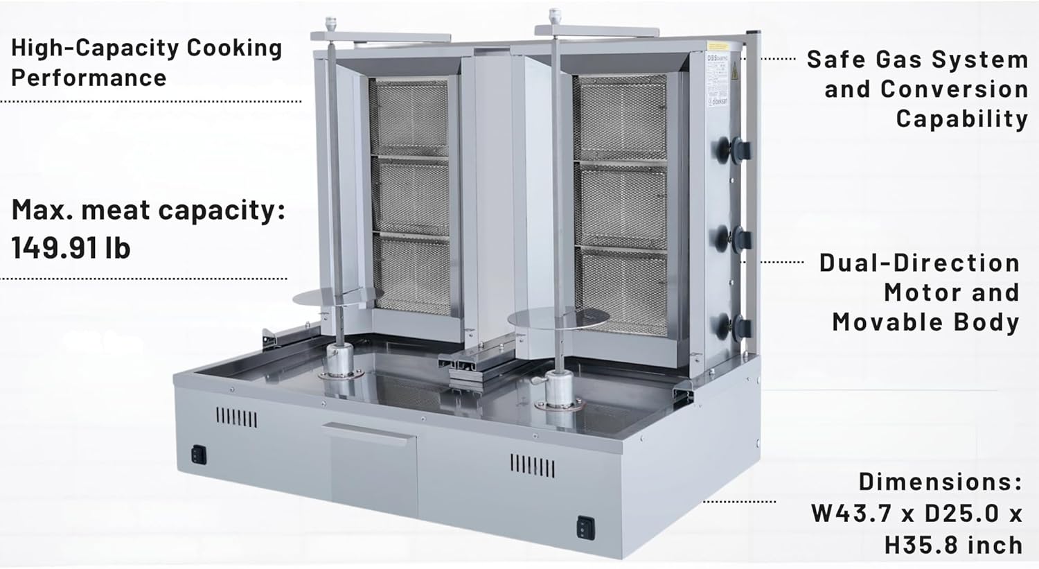 Double Bottom Doner Kebab Machine | Shawarma 3+3 Burner Burner Gas Vertical Rotisserie Grill Cooker