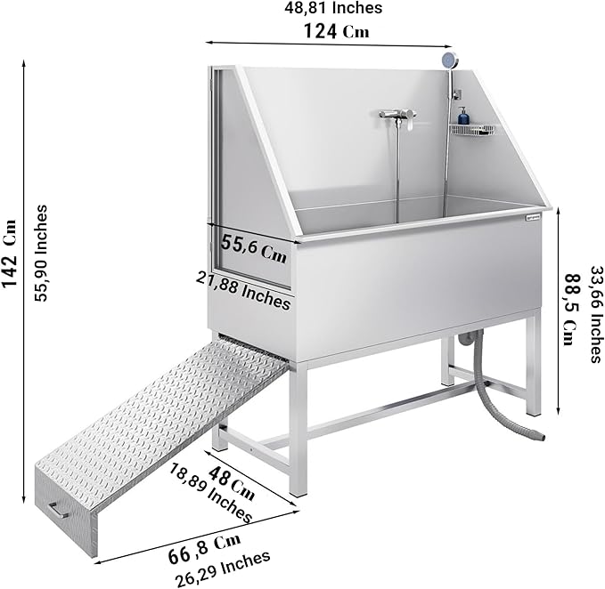 Pet Grooming Tub with Stainless Steel Sink with Faucet | Dogs and Pets Washing Station | Home and Outdoor Dog Bath Tub with Shower Hose and Sink for Pet Bathing (Ramp)