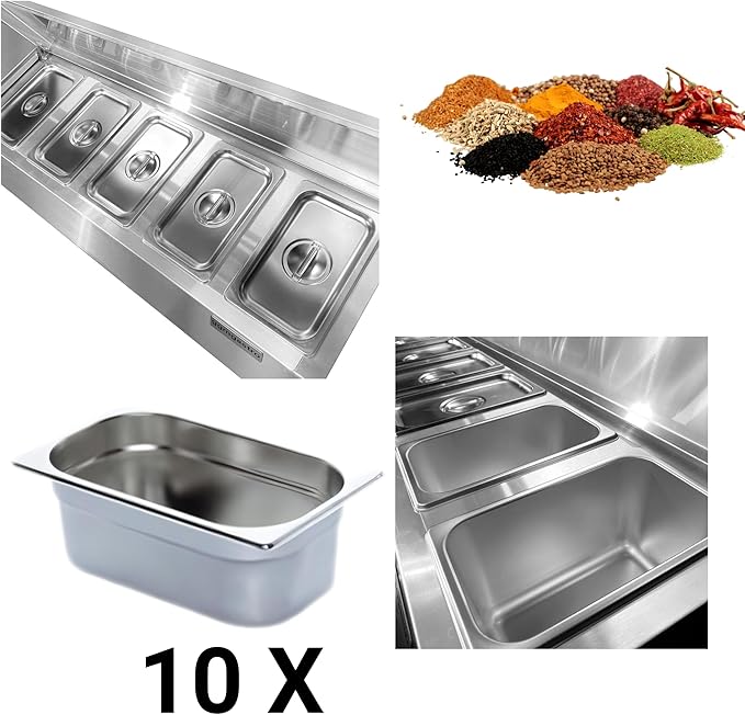 Stainless Steel Spice Rack Cabinet with Lid | 1/6 GN Organizer Shelf for Sauce Ingredients for Kitchen Pantry Use | Commercial Kitchen Restaurant Hotel Spices Cupboard (78.7x12.2x10.3 Inch - 10 GN)