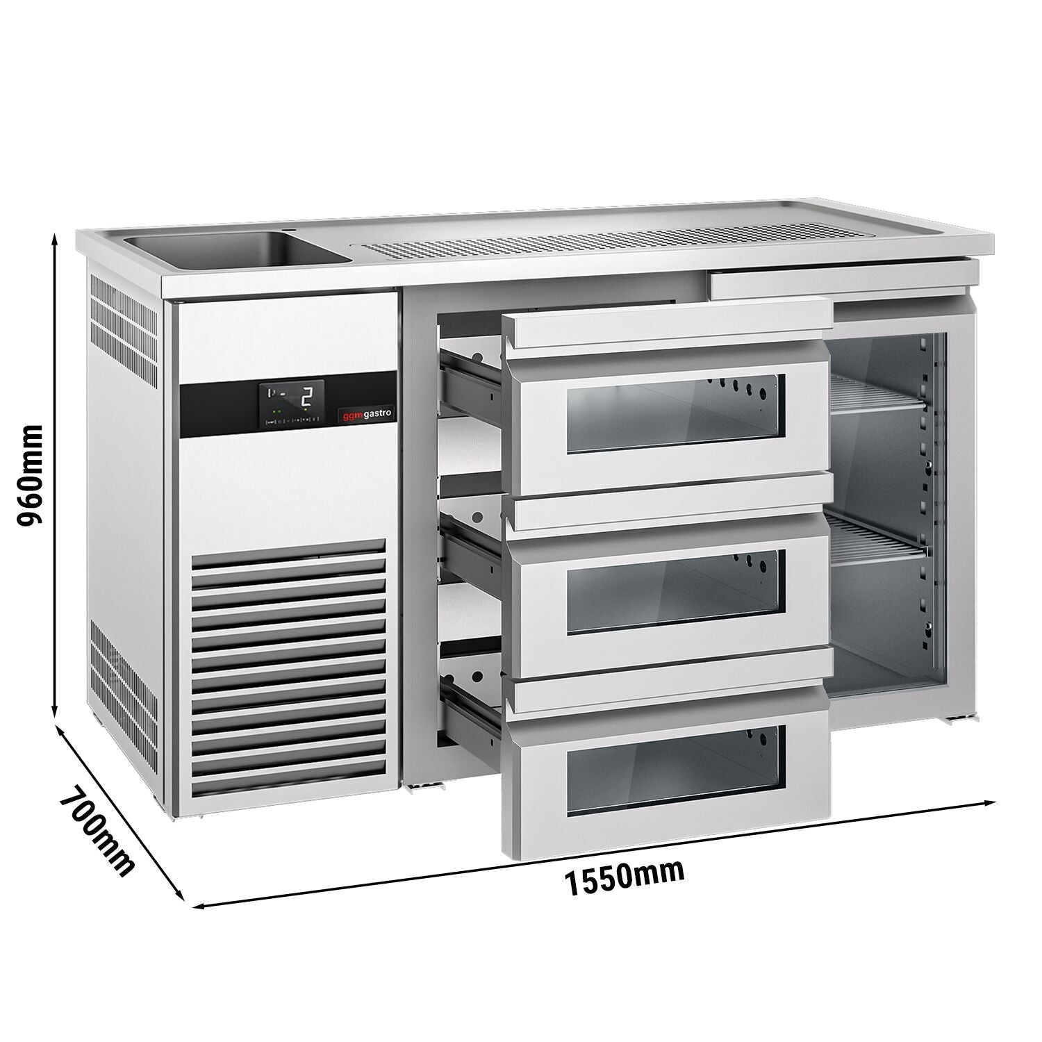 Beer counter premium - 1550x700mm- 1 glass door and 3 glass drawers