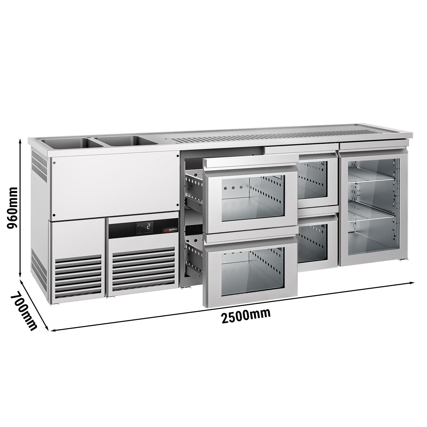 Beer counter premium - 2500x700mm - 1 glass door & 4 glass drawers