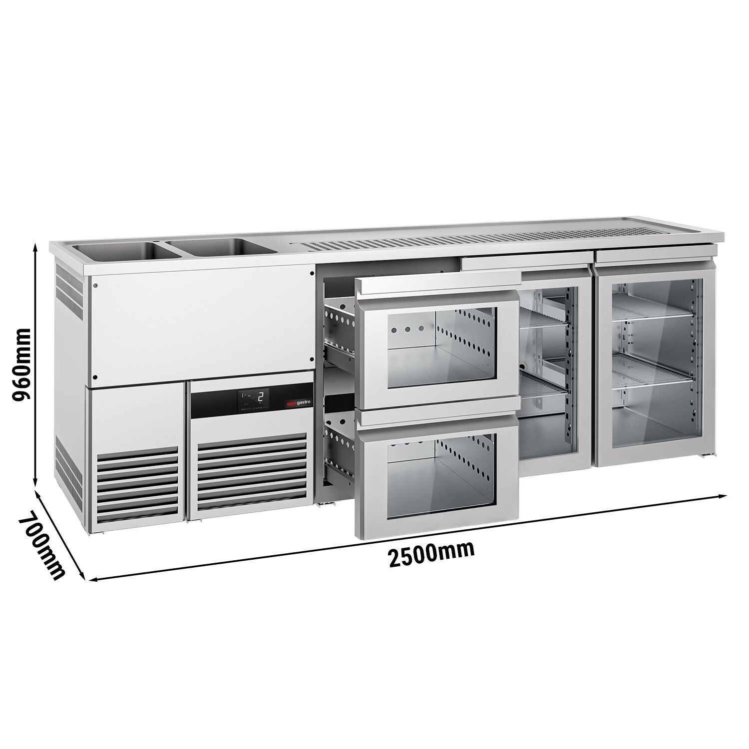 Beer counter premium - 2500x700mm - 2 glass doors & 2 glass drawers