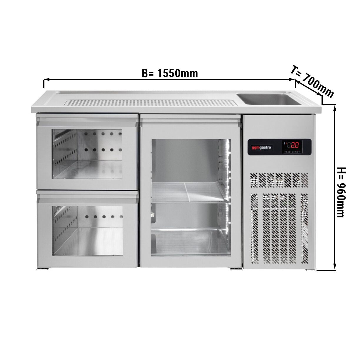 Beer counter - 1,55 x 0.7 m - 1 glass door & 2 glass drawer 1/2