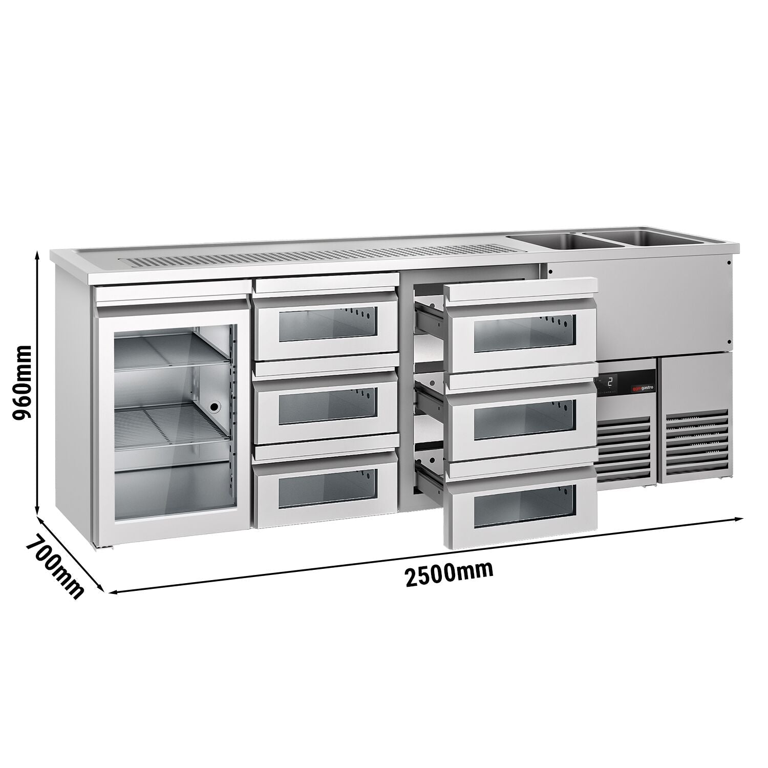 Beer counter premium - 2500x700mm- 1 glass door & 6 glass drawers