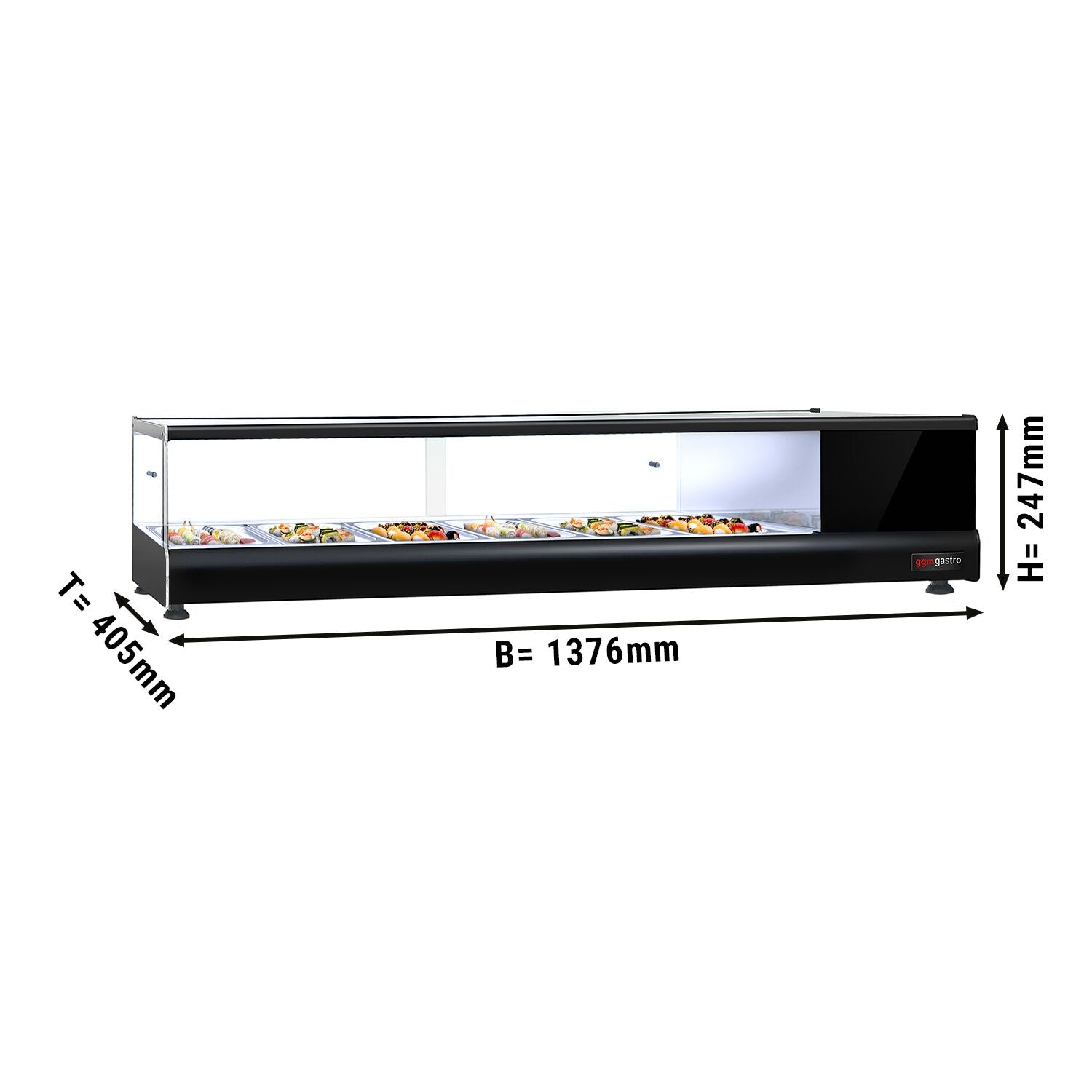 Cooled sushi showcase premium- 1376x405 mm- 6 x gn 1/3- Black
