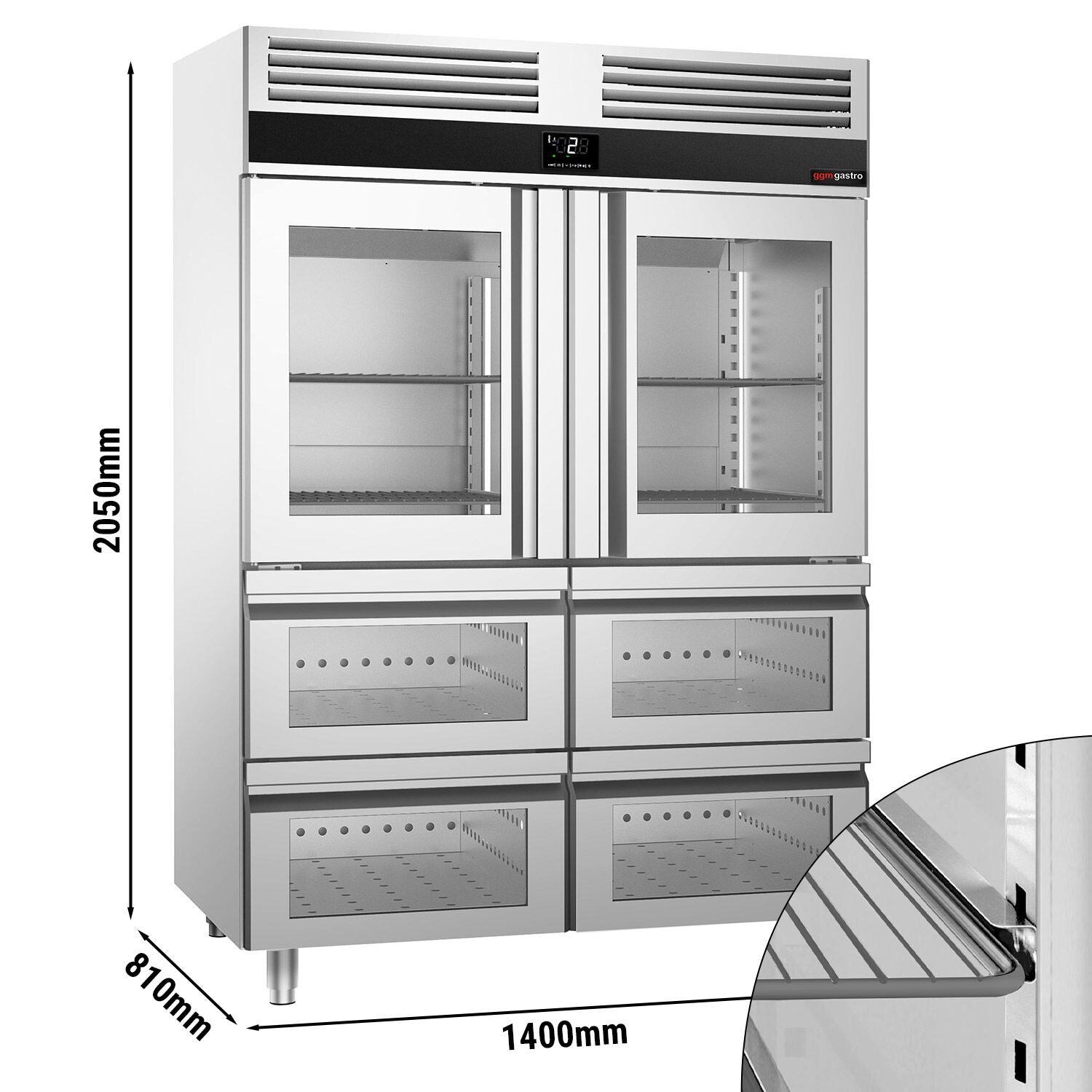 Refrigerator Premium - GN 2/1 - 1400 liters - 2 half glass doors & 4 glass drawers