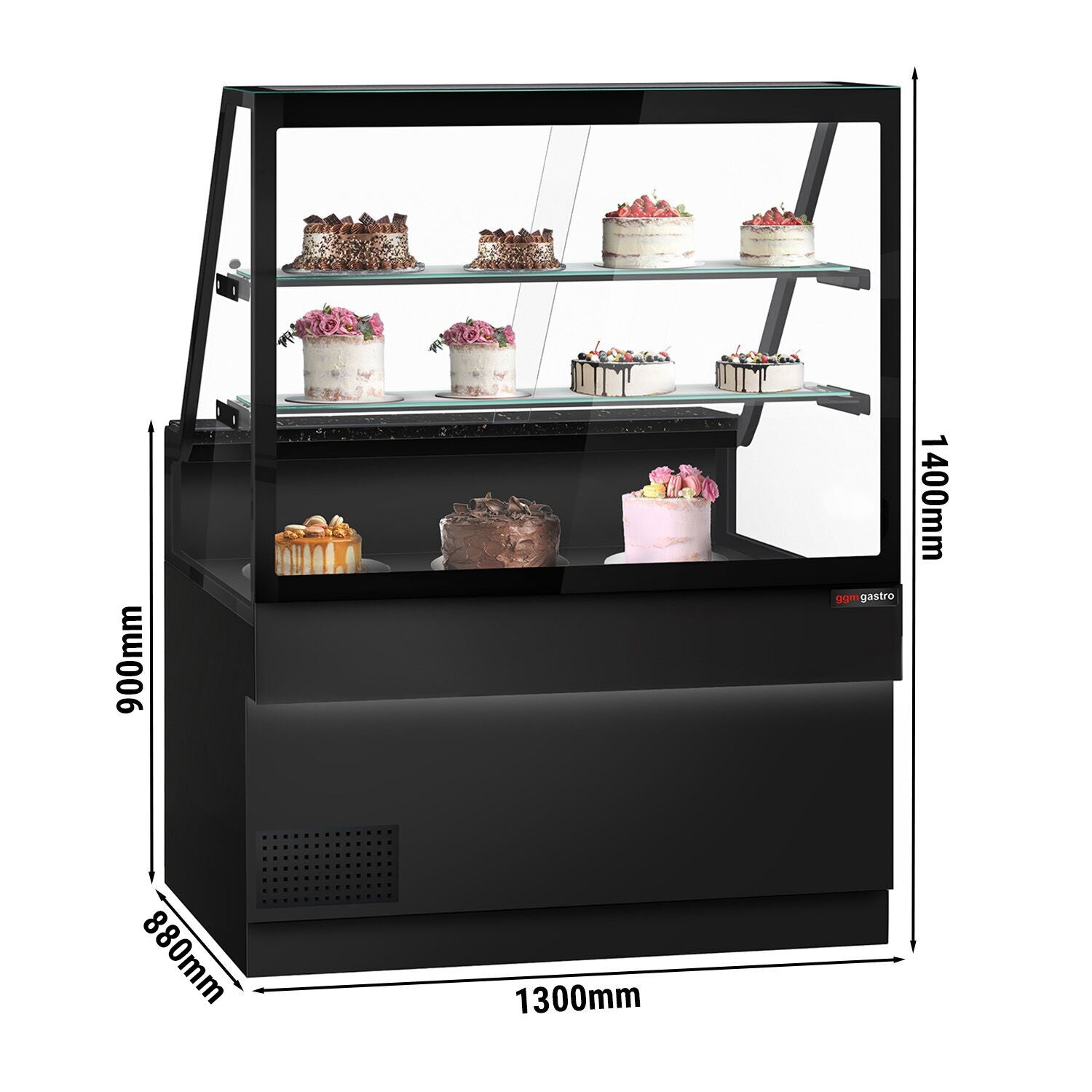 Cooled Showcase Toronto- 1300mm - 2 Shelves - Black Front Panel - Black Granite Working Call