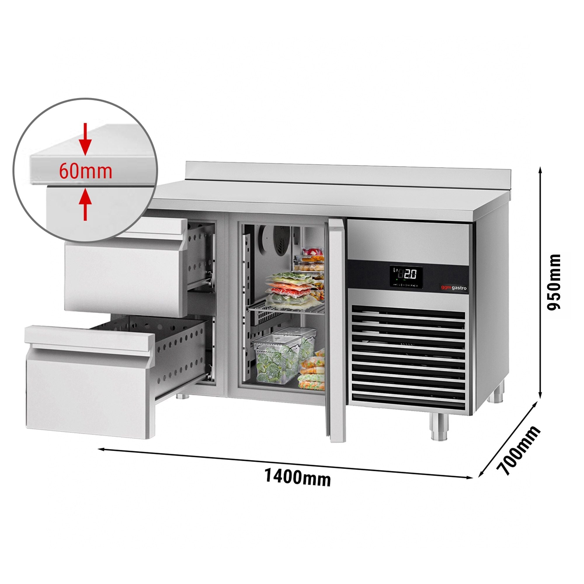 Cooling counter premium - 1400x700mm - 1 door & 2 drawers & backs