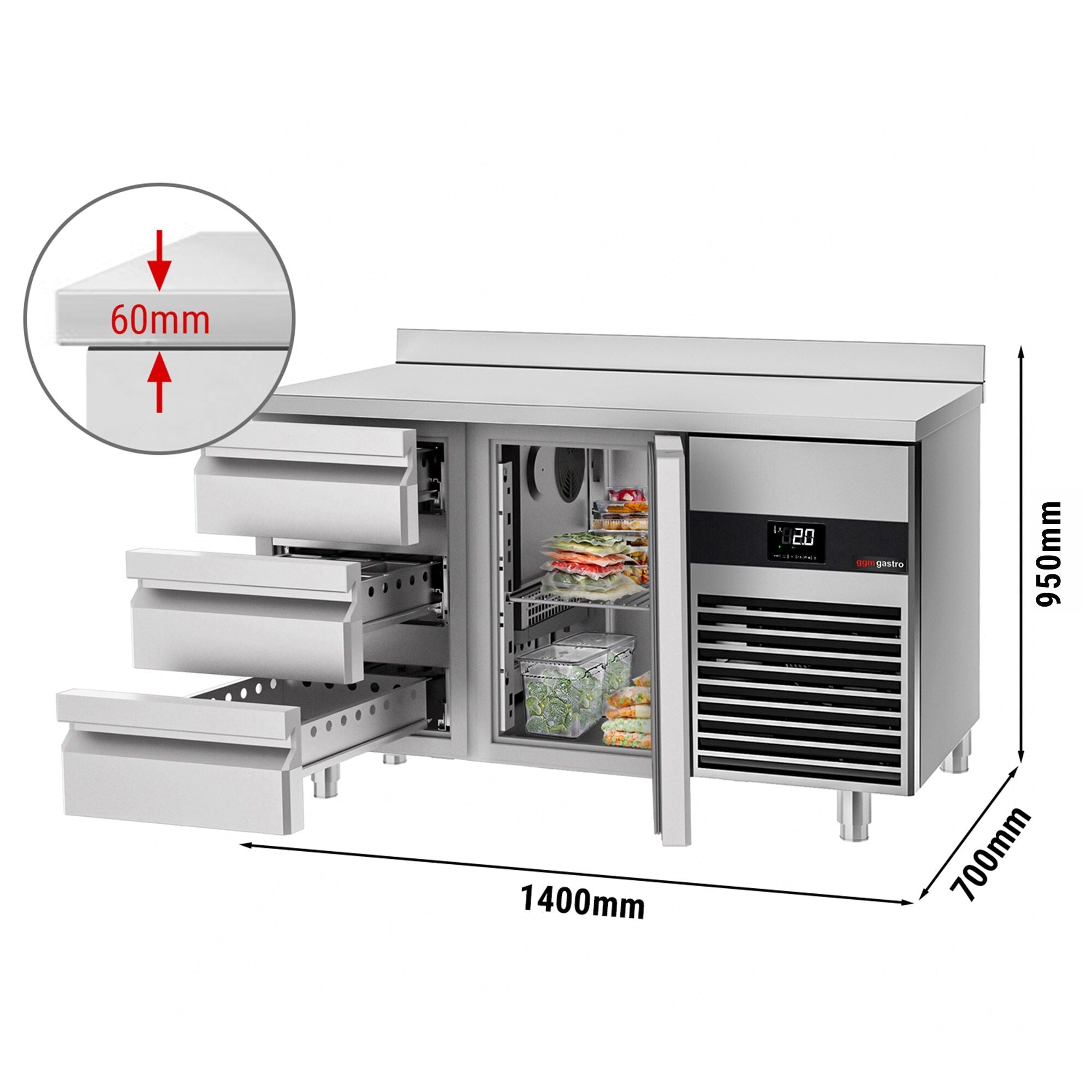 Cooling counter premium - 1400x700mm - 1 door & 3 drawers & backs
