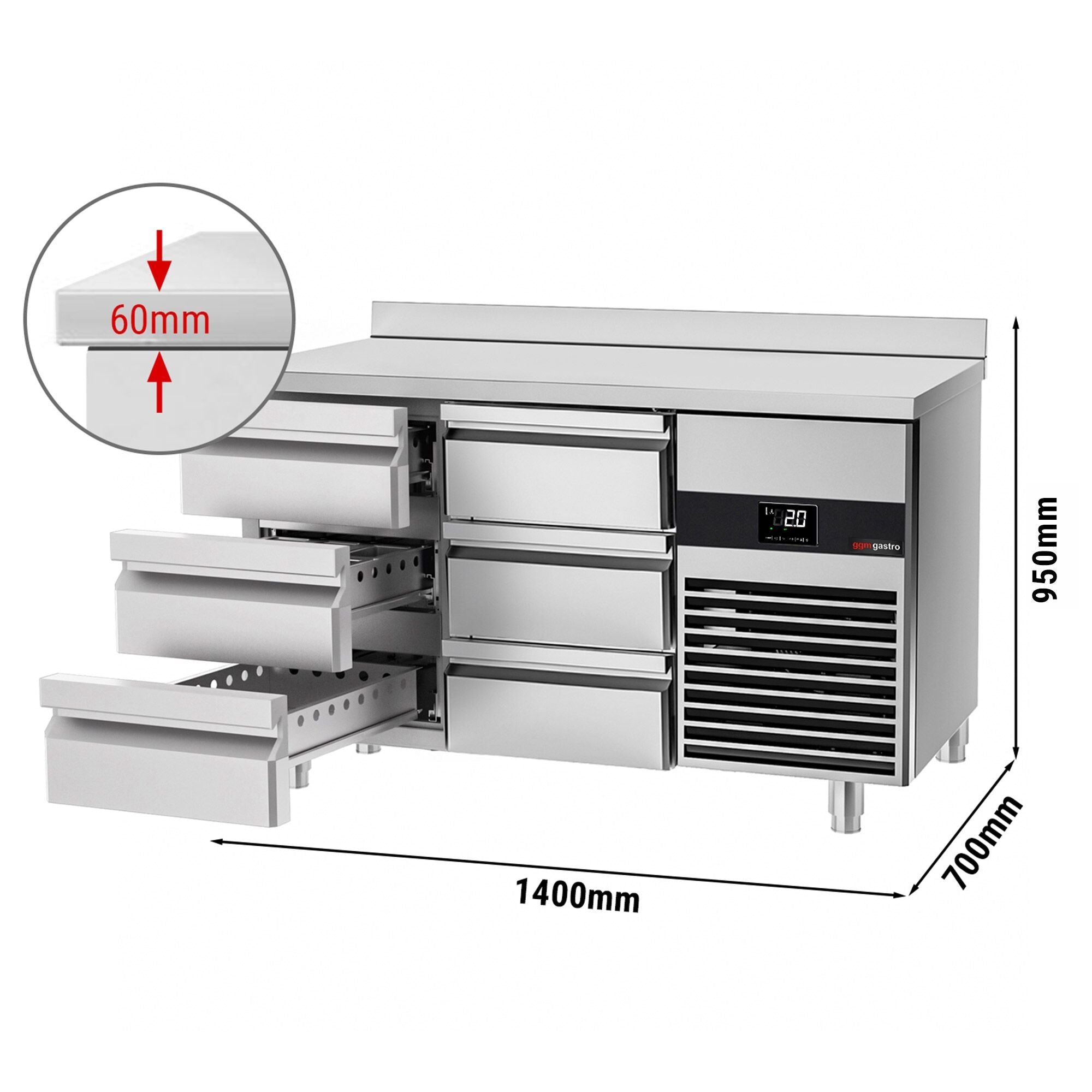 Cooling counter premium - 1400x700mm - 6 drawers & backed