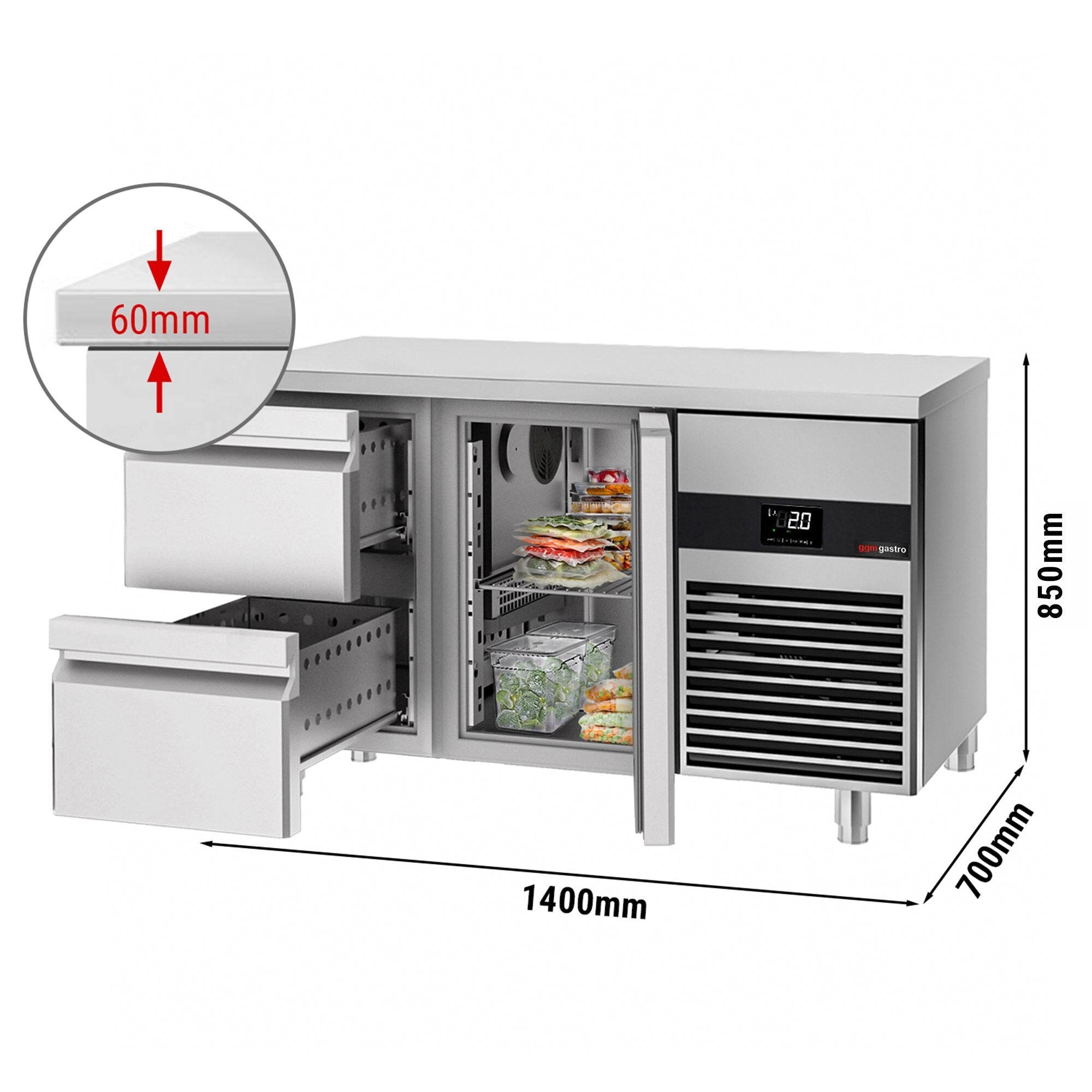 Cooled counter premium - 1400x700mm - 1 door & 2 drawers