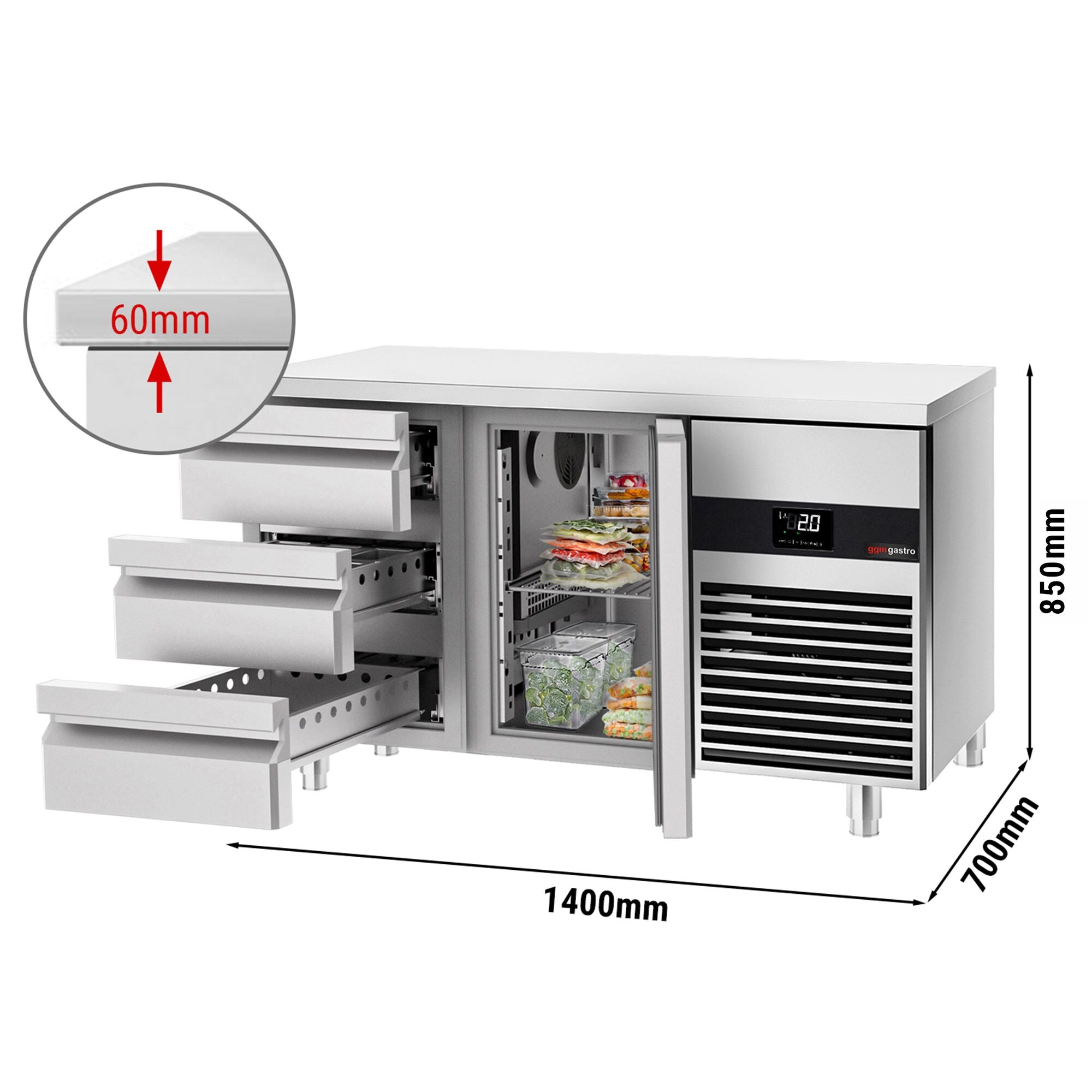 Cooled counter premium - 1400x700mm - 1 door & 3 drawers