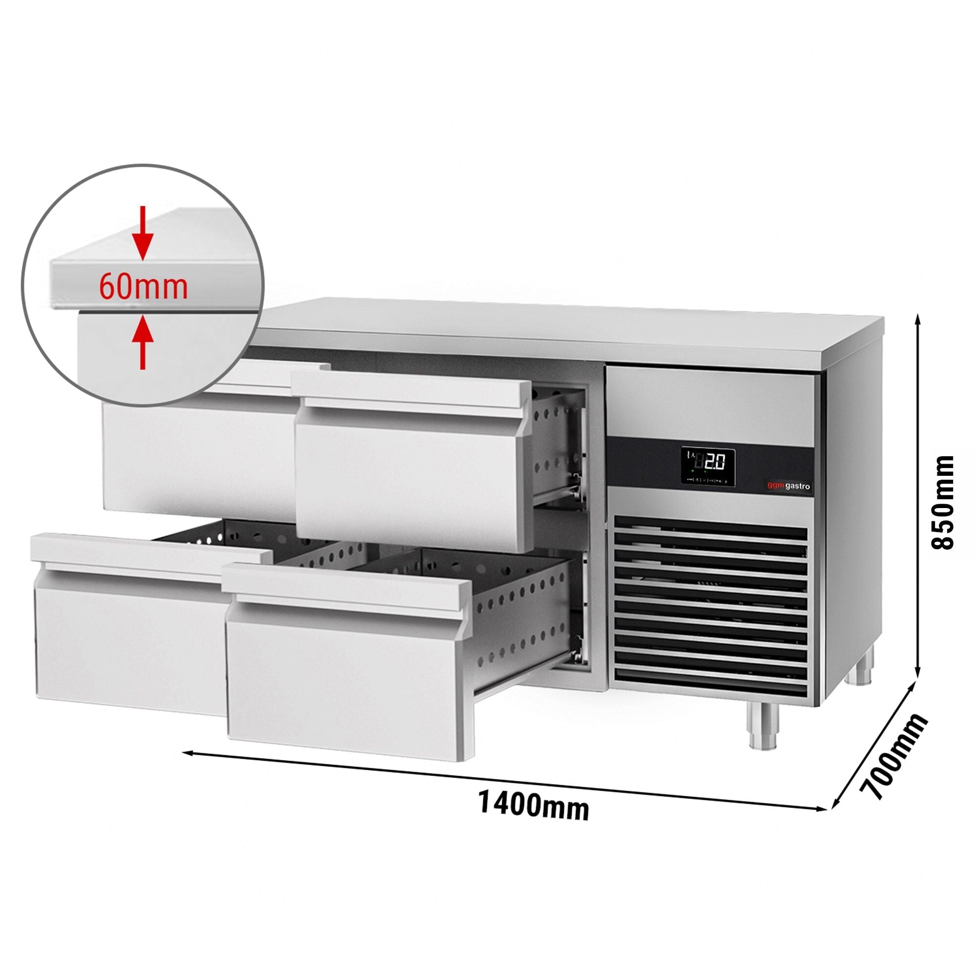 Cooling counter premium - 1.4 x 0.7 m - 4 drawers