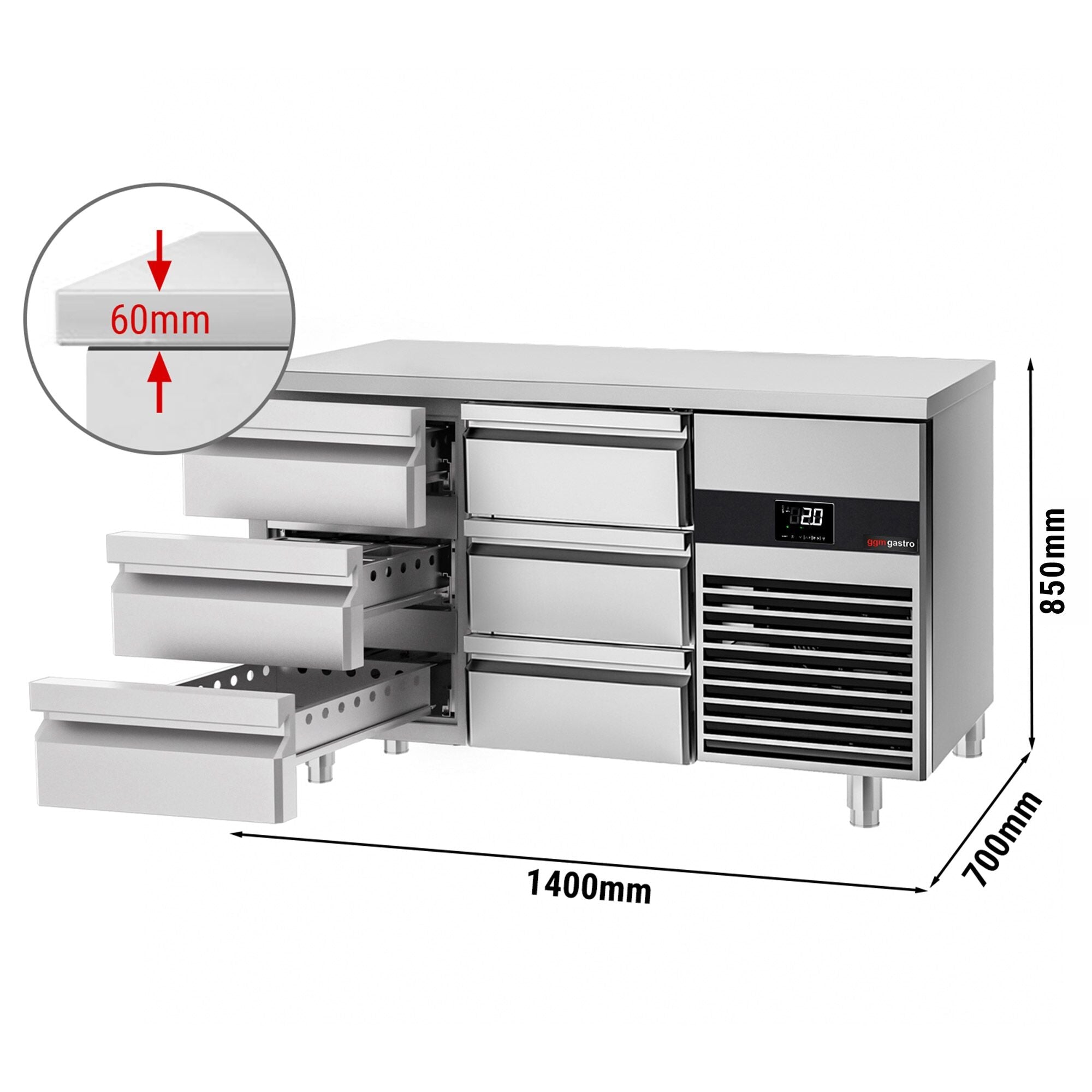 Cooling counter premium - 1400x700mm - 6 drawers
