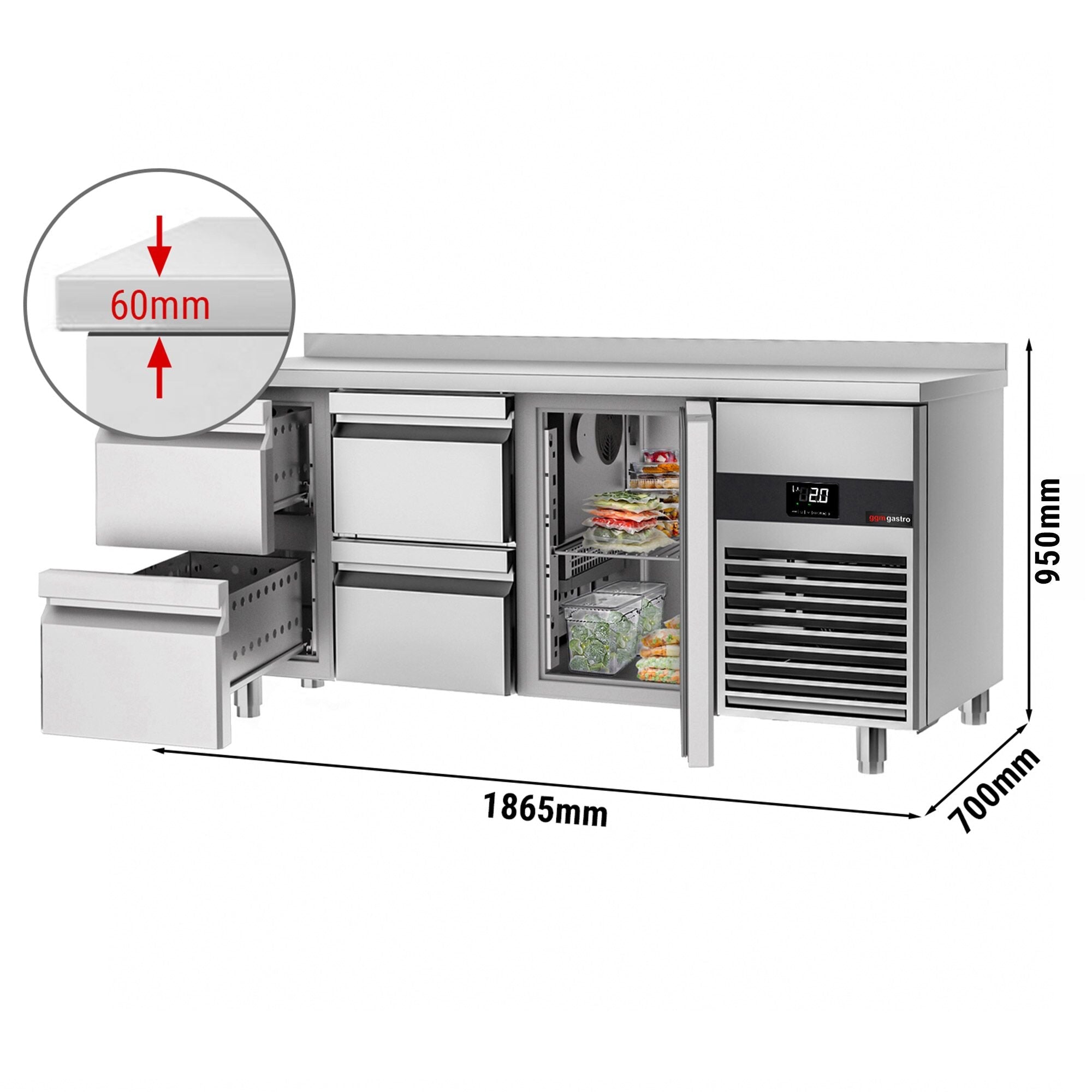 Cooling counter premium - 1865x700mm - 1 door & 4 drawer & back