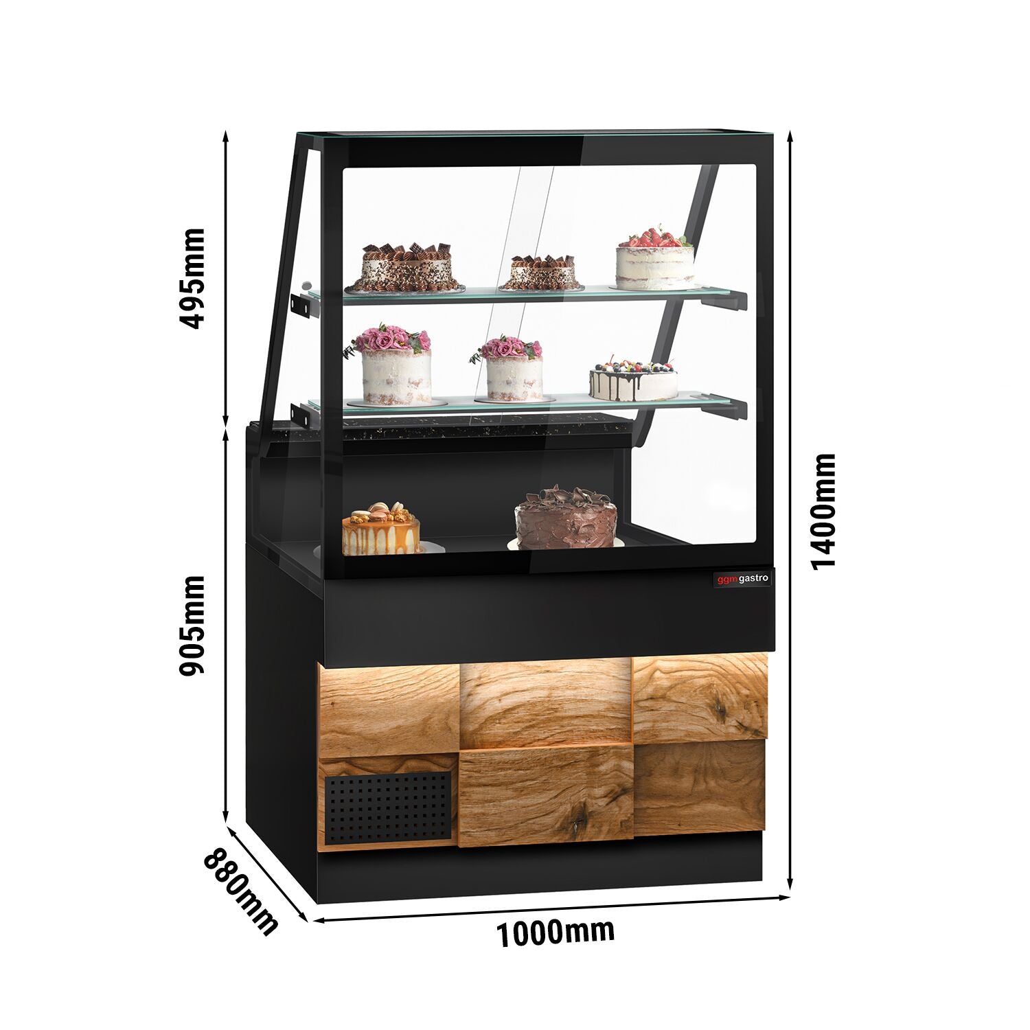 Cooling Showcase Toronto -1000mm -Ahshap front panel - 2 shelves - black granite work machine