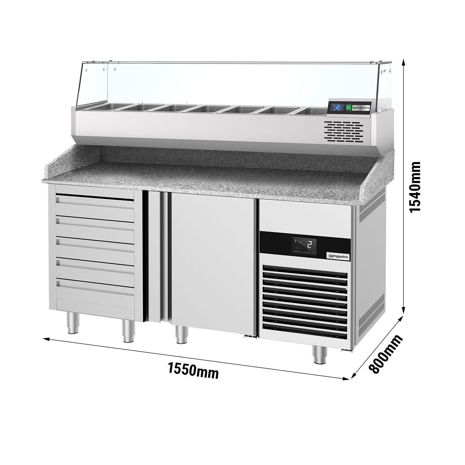 Pizza Preparation counter - for 1 door, drawer and 5 x gn 1/3 containers - cooled showcase