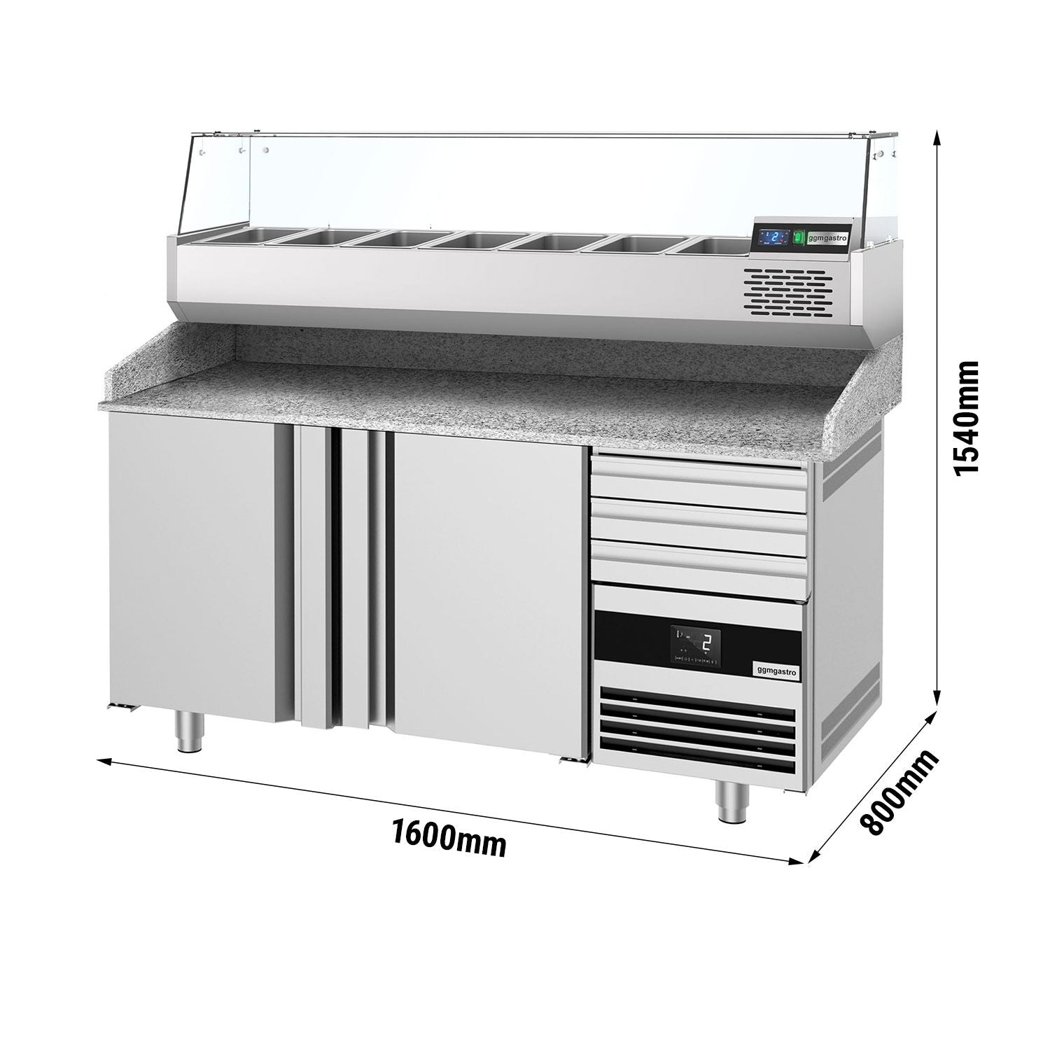 Pizza Preparation counter premium - 1600x800mm - 2 doors & 3 drawers - Included Cooling Showcase - 6x GN 1/3