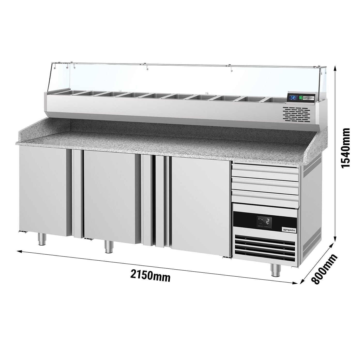 Pizza Preparation counter premium - 2150x800mm - 3 doors & 3 drawers - Included Cooling Showcase - 10x GN 1/3