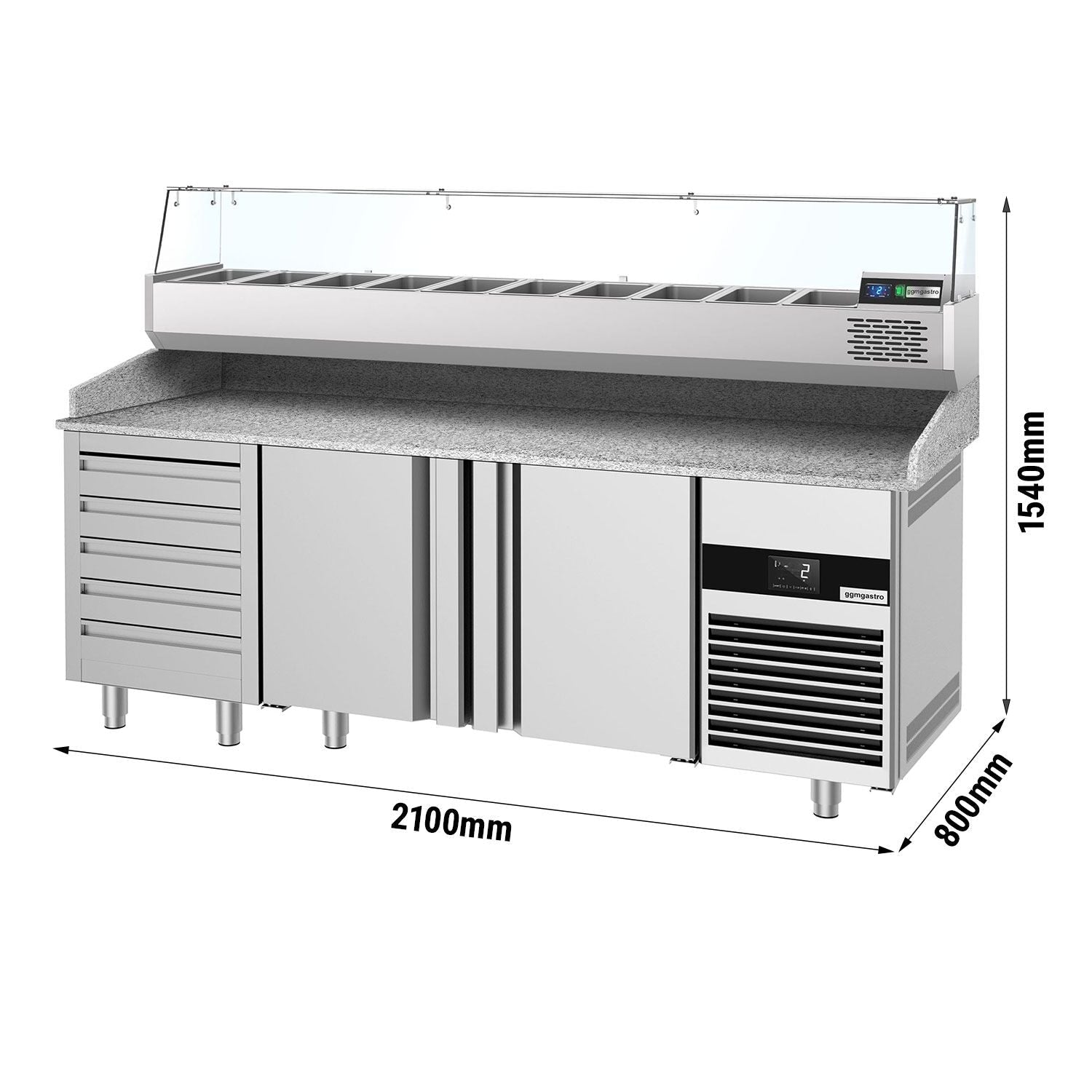 Pizza Preparation counter premium - 2100x800mm - 3 doors & 7 drawer - Included window showcase - 10x GN 1/3