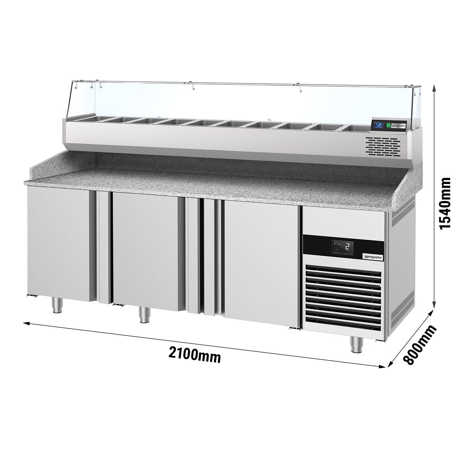 Pizza Preparation counter premium - 2100x800mm - 3 doors - Included cooled showcase - 10x GN 1/3