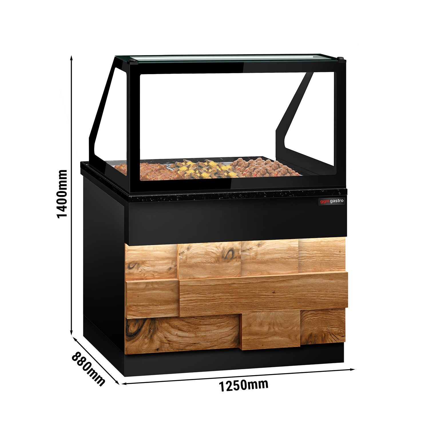 Hot Holding Showcase Toronto - 1250mm - Wooden Front Panel - For 3x GN 1/1- Black Granite Working Call