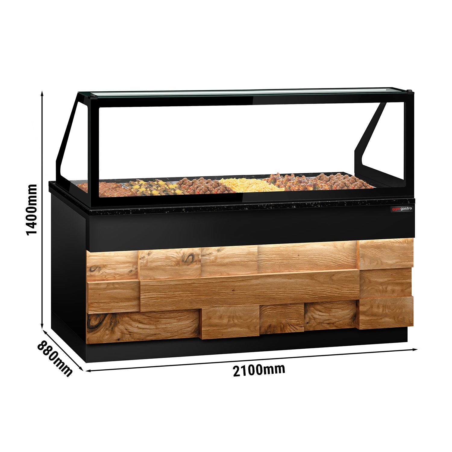 Hot Holding Showcase Toronto- 2100mm - Wooden Panel - For 6x GN 1/1 - Black Granite Working Call