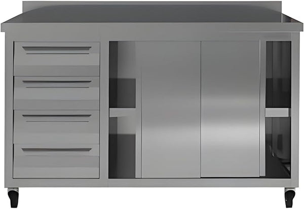 Stainless Steel Prep Table with Drawers, Sliding Doors and Wheels (55x23x33 inches)