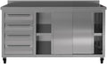 Stainless Steel Prep Table with Drawers, Sliding Doors and Wheels (63x23x33 inches)