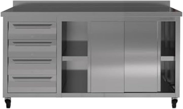 Stainless Steel Prep Table with Drawers, Sliding Doors and Wheels (63x23x33 inches)