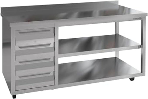 Stainless Steel Prep Table with Drawers and Wheels - Commercial Kitchen Work Table with Backsplash and Under Shelf - Heavy Duty Commercial Work Station for Restaurant, Hotel (63x23x33 inches)