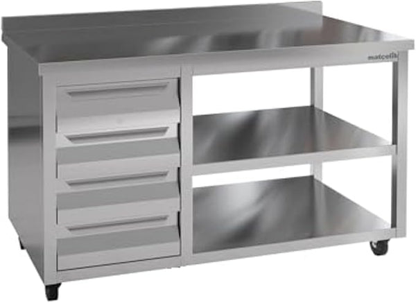 Stainless Steel Prep Table with Drawers and Wheels - Commercial Kitchen Work Table with Backsplash and Under Shelf - Heavy Duty Commercial Work Station for Restaurant, Hotel (55x23x33 inches)