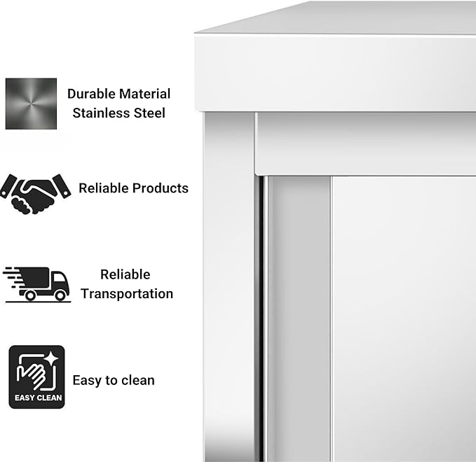 Stainless Steel Prep Table with Sliding Doors - Commercial Kitchen Work Table with Backsplash and Under Shelf (62.9x23.6x34.2 Inch)