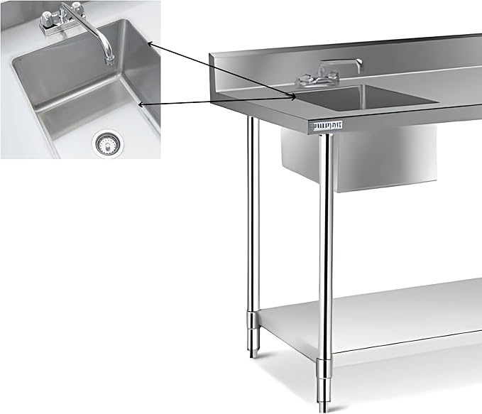 Stainless Steel Prep Sink With Countertop - Wash Table for Restaurant Outdoor (30x60x36 Inch)
