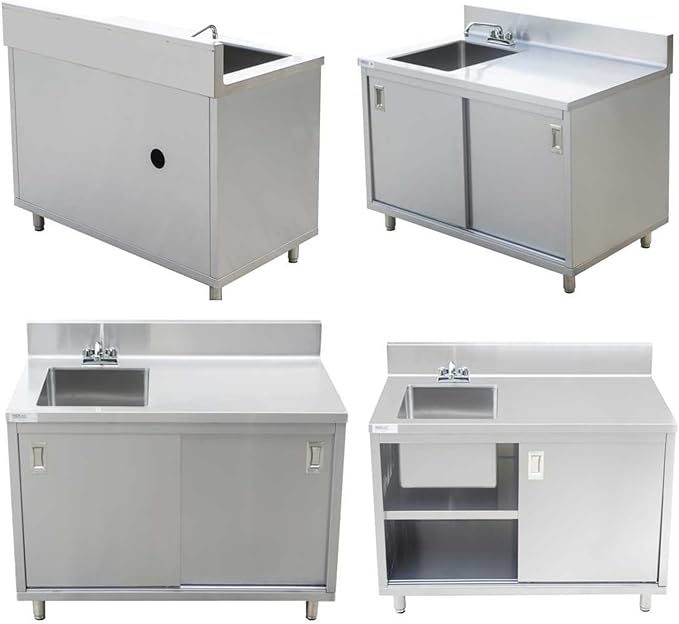 Stainless Steel Enclosed Base Work Table with Sink and Sliding Doors | Faucet and Free Standing Single Bowl Commercial Portable Kitchen Sinks Work Station with Elevating Legs (30x48x41 Inch)